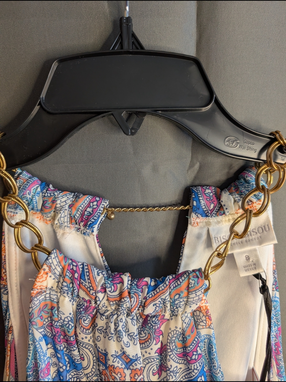 Bisou Bisou Cream Paisley Asymmetrical Halter Dress with Blue & Peach Accents - Picture 4 of 10